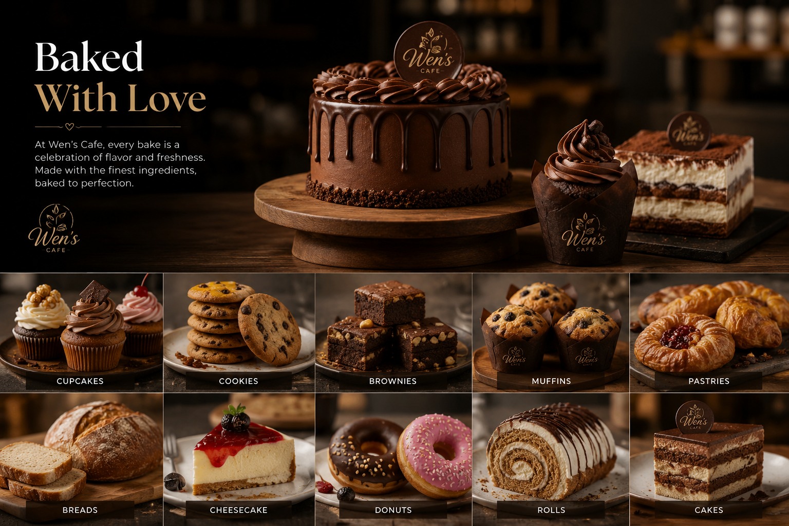 Wen's Cafe brand touchpoints and bakery service