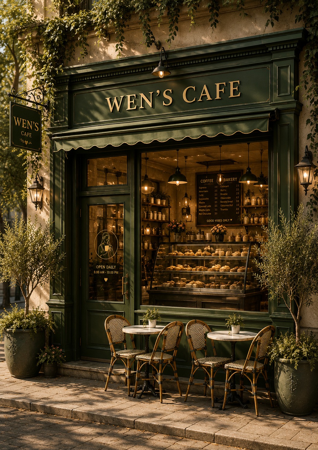 Wen's Cafe exterior at golden hour