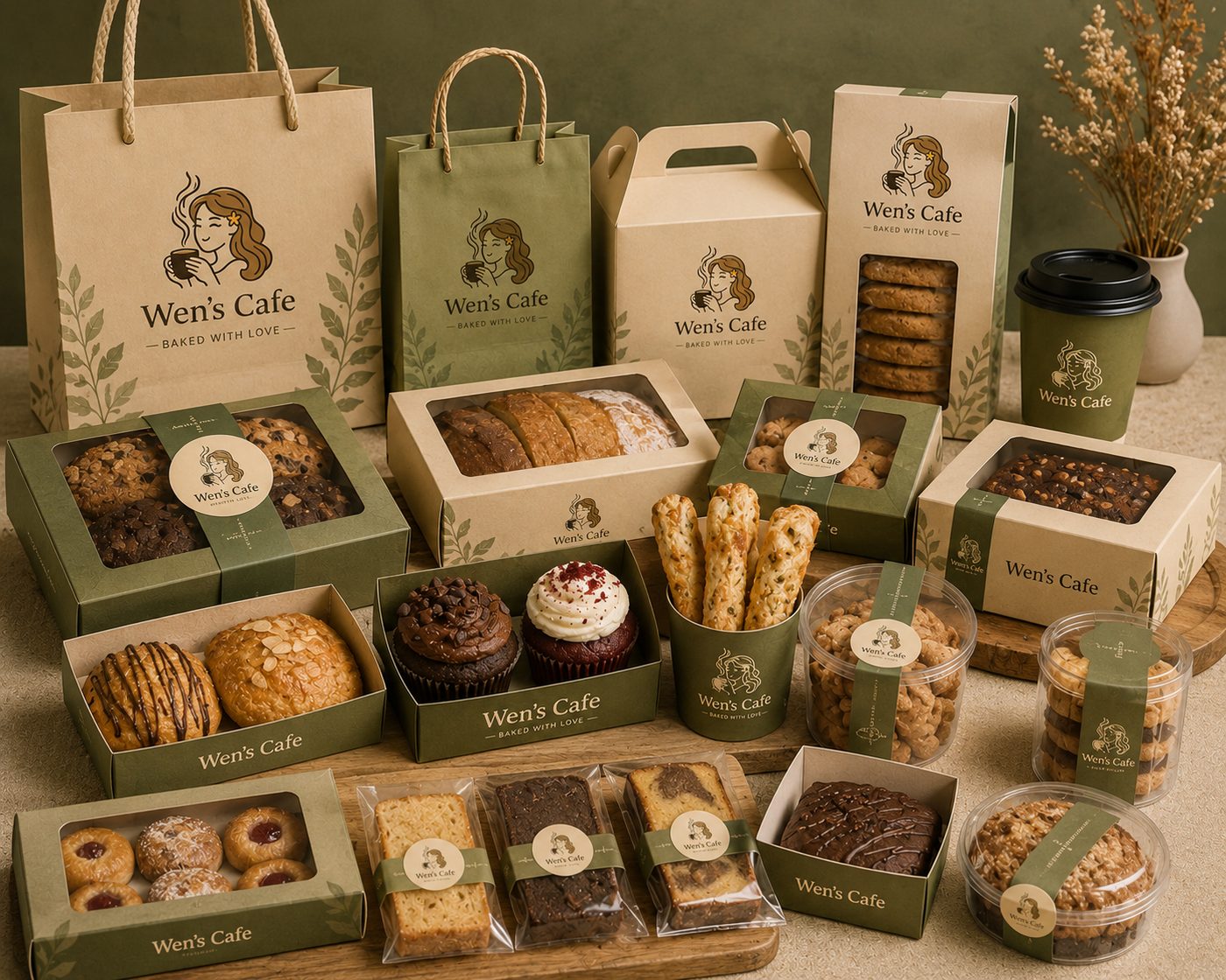 Wen's Cafe bakery packaging: pastry boxes, tote bags, and takeaway cup