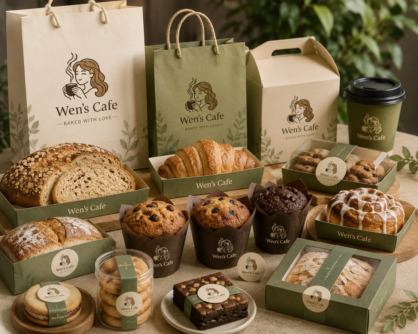 Wen's Cafe fresh baked goods packaging: bread boxes, muffin wraps, and cookie tins