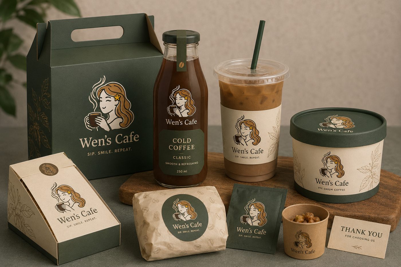 Wen's Cafe coffee packaging: gable box, cold coffee bottle, iced cup, and kraft bag